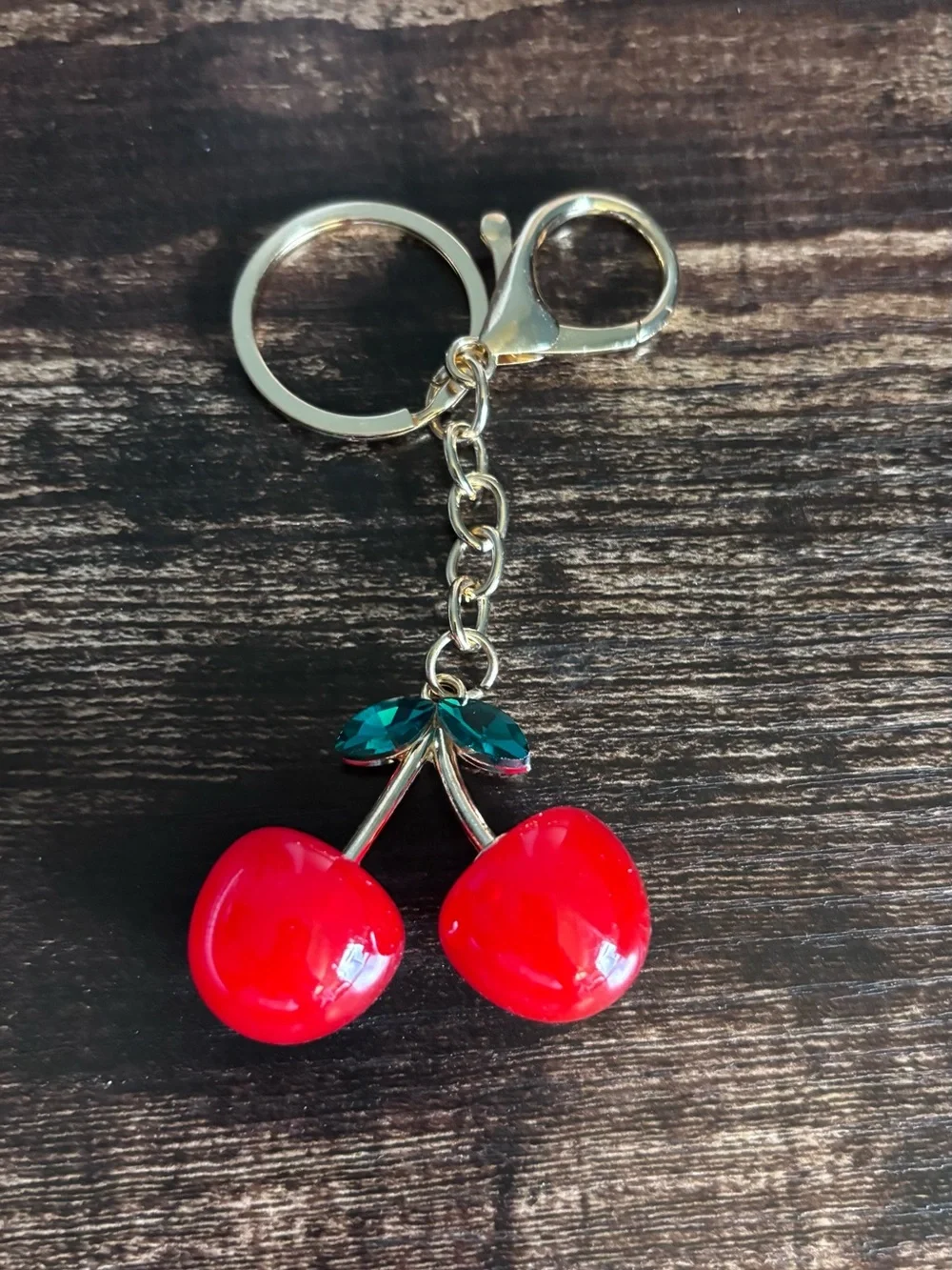 Cherry Keychain Charm in Red with Green Leaves‎